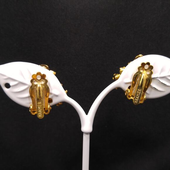 Vintage Blue Green AB Rhinestone Clip Earrings, Gold Plated, Signed KRAMER - Picture 4 of 10